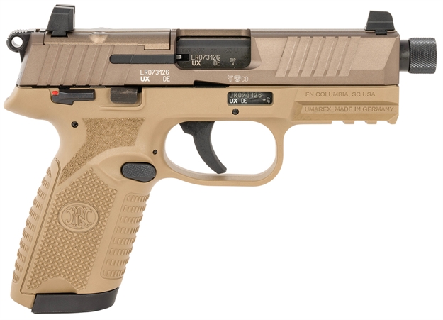 Picture of  FN 66101681 502 Tactical 22 LR 10+1/15+1 4.60" Black Steel Threaded Barrel, Flat Dark Earth Optic Ready/Serrated Slide & Polymer Frame W/Picatinny Rail, Fde Textured Polymer Grip, Ambidextrous, 5 Mags 845737017781