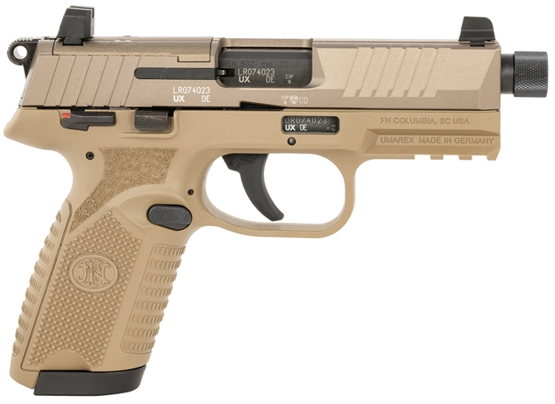 Picture of  FN 66101682 502 Tactical 22 LR 10+1 4.60" Black Steel Threaded Barrel, Flat Dark Earth Optic Ready/Serrated Slide & Polymer Frame W/Picatinny Rail, Fde Textured Polymer Grip, Ambidextrous, 5 Mags 845737017125
