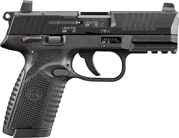 Picture of  FN 66101013 502 Mrd Full Size 22 LR 10+1 4" Black Target Crown Steel Barrel/Black Pvd Optic Ready/Serrated Slide/Black Polymer Frame W/Accessory Rail/Black Textured Polymer Grips Ambidextrous 845737013325