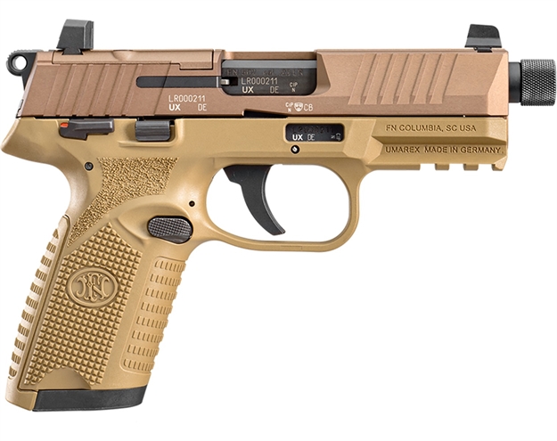 Picture of FN 66101009 502 Tactical 22 LR 10+1 4.60" Black Steel Threaded Barrel, Flat Dark Earth Optic Ready/Serrated Slide & Polymer Frame W/Picatinny Rail, Fde Textured Polymer Grip, Ambidextrous 66-101009 845737013271