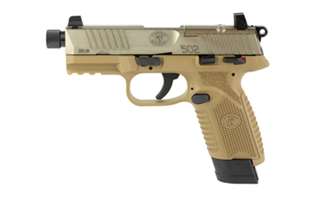 Picture of FN 66101006 502 Tactical 22 LR 10+1/15+1, 4.60" Black Steel Threaded Barrel, Flat Dark Earth Optic Ready/Serrated Slide & Polymer Frame W/Picatinny Rail, Fde Textured Polymer Grip, Ambidextrous 66-101006 845737013332