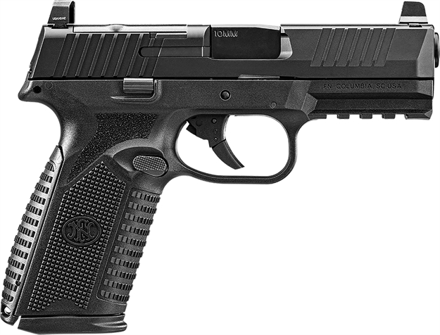Picture of FN 66101379 510 Mrd Full Size 10Mm Auto 15+1, 4.10" Black Target Crown Steel Barrel, Black Pvd Optic Cut/Serrated Steel Slide & Polymer Frame W/Picatinny Rail, Ambidextrous 66-101379 845737015626