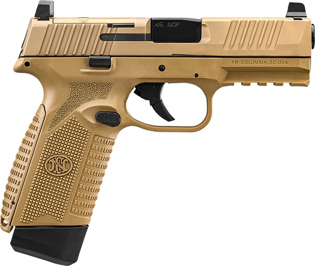 Picture of FN 66101388 545 Mrd Full Size 45 Acp 15+1, 4.10" Black Target Crown Steel Barrel, Flat Dark Earth Pvd Optic Cut/Serrated Steel Slide & Polymer Frame W/Picatinny Rail, Ambidextrous 66-101388