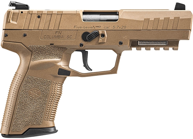 Picture of FN 66101277 Five-Seven Mrd 5.7X28mm 10+1 4.80" Black Steel Barrel, Flat Dark Earth Optic Cut/Serrated Steel Slide & Polymer Frame W/Picatinny Rail, Fde Textured Polymer Grip, Ambidextrous 66-101277 845737015138