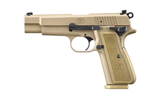 Picture of FN 66101117 High Power  9Mm Luger 10+1, 4.70" Black Target Crown Steel Barrel, Flat Dark Earth Pvd Serrated Steel Slide & Steel Frame W/Beavertail, Fde Textured Polymer Grip, Ambidextrous 66-101117