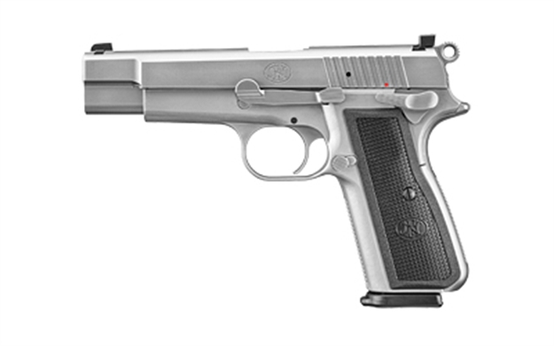 Picture of FN 66101116 High Power  9Mm Luger 10+1 4.70" Black Target Crown Steel Barrel, Stainless Pvd Serrated Steel Slide, Matte Stainless Steel Frame W/Beavertail, Black Textured Polymer Grip, Ambidextrous 66-101116