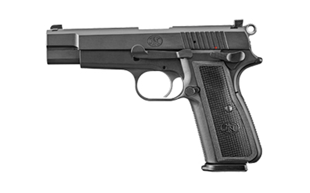 Picture of FN 66100256 High Power  9Mm Luger 17+1, 4.70" Black Target Crown Steel Barrel, Black Pvd Serrated Steel Slide & Steel Frame W/Beavertail, Black Textured Polymer Grip, Ambidextrous 66-100256