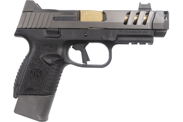 Picture of  FN 66101347 509 CC Edge 9Mm Luger 12+1/15+1 (2) 4.20" Threaded Gold Barrel, Black Frame, Graphite Optic & Lightening Cut Slide, Optic Height Fiber Optic Sights, Compensator (No Manual)