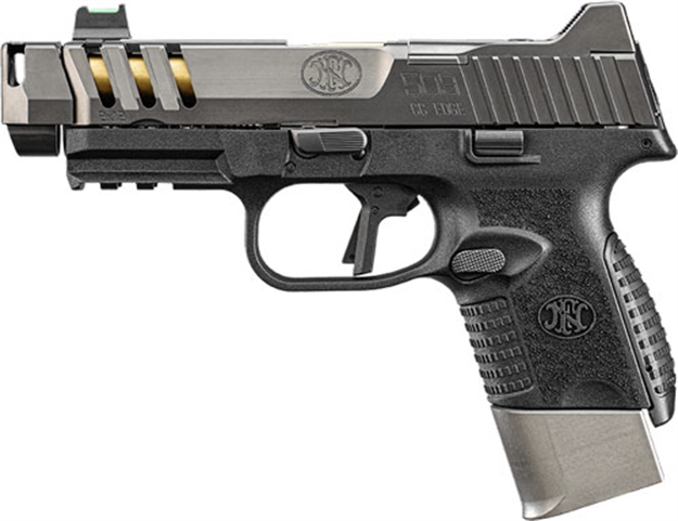 Picture of  FN 66101347 509 CC Edge 9Mm Luger 12+1/15+1 (2) 4.20" Threaded Gold Barrel, Black Frame, Graphite Optic & Lightening Cut Slide, Optic Height Fiber Optic Sights, Compensator (No Manual) 845737015411