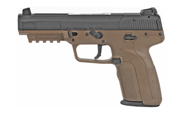 Picture of  FN 3868929352 Five-Seven *Ca Compliant 5.7X28mm 10+1 4.80" Black Steel Barrel, Black Serrated Steel Slide & Polymer Frame W/Picatinny Rail, Fde Textured Polymer Grip, Ambidextrous