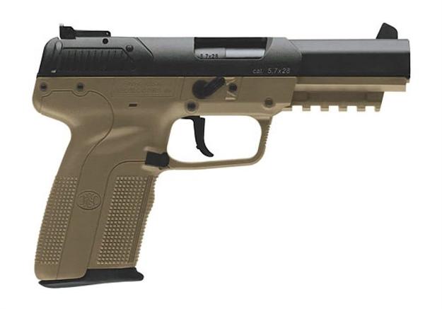 Picture of  FN 3868929352 Five-Seven *Ca Compliant 5.7X28mm 10+1 4.80" Black Steel Barrel, Black Serrated Steel Slide & Polymer Frame W/Picatinny Rail, Fde Textured Polymer Grip, Ambidextrous