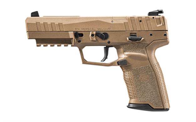Picture of FN 66101277 Five-Seven Mrd 5.7X28mm 10+1 4.80" Black Steel Barrel, Flat Dark Earth Optic Cut/Serrated Steel Slide & Polymer Frame W/Picatinny Rail, Fde Textured Polymer Grip, Ambidextrous 66-101277