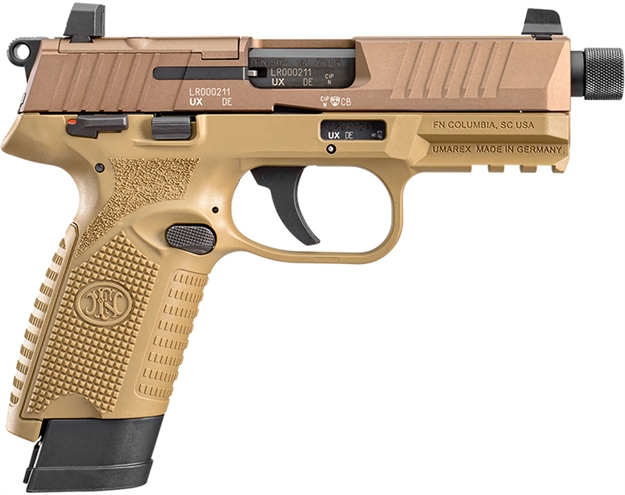 Picture of FN 66101006 502 Tactical 22 LR 10+1/15+1, 4.60" Black Steel Threaded Barrel, Flat Dark Earth Optic Ready/Serrated Slide & Polymer Frame W/Picatinny Rail, Fde Textured Polymer Grip, Ambidextrous 66-101006