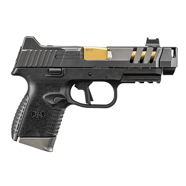 Picture of  FN 66101350 509 CC Edge 9Mm Luger 10+1 (3) 4.20" Threaded Gold Barrel, Black Frame, Graphite Optic & Lightening Cut Slide, Optic Height Fiber Optic Sights, Compensator (No Manual) 845737015428
