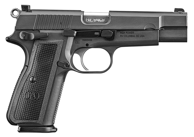 Picture of FN 66101115 High Power  9Mm Luger 10+1 4.70" Black Target Crown Steel Barrel, Black Pvd Serrated Steel Slide & Steel Frame W/Beavertail, Black Polymer Grip, Ambidextrous 66-101115 845737014391
