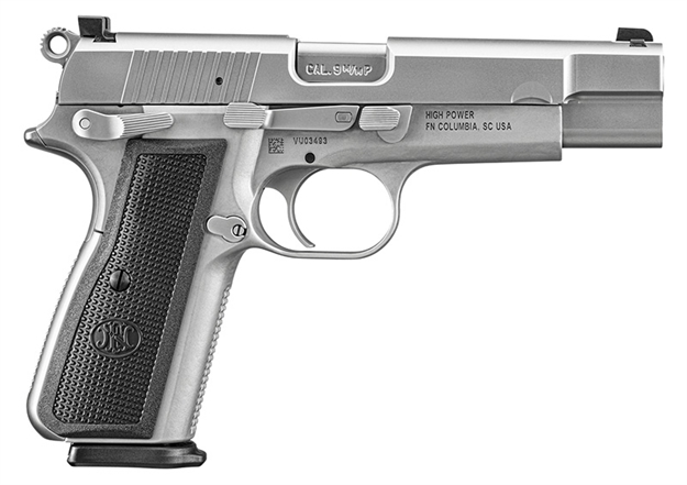 Picture of FN 66101116 High Power  9Mm Luger 10+1 4.70" Black Target Crown Steel Barrel, Stainless Pvd Serrated Steel Slide, Matte Stainless Steel Frame W/Beavertail, Black Textured Polymer Grip, Ambidextrous 66-101116 845737014384
