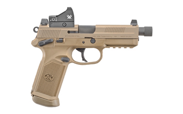 Picture of FN 66100867 Fnx Tactical 45 Acp 5.30" Threaded Barrel 10+1, Flat Dark Earth Polymer Frame With Mounting Rail, Optic Cut Fde Stainless Steel Slide, Ambidextrous Safety, Includes Viper Red Dot 66-100660