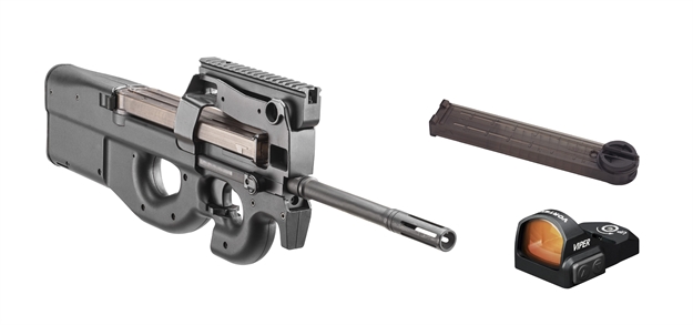 Picture of  FN 3848950471 Ps90  5.7X28mm 50+1 16", Matte Black Synthetic Thumbhole Bullpup Stock, Integrated Muzzle Brake, Vortex Viper Red Dot