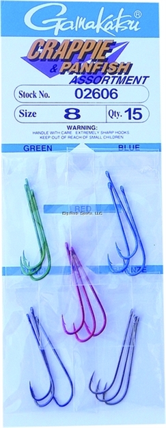 Picture of Gamakatsu Crappie Hook Assortment, Size 8, Needle Point, Long Shank, Octopus, Assorted, 15 Per Pack