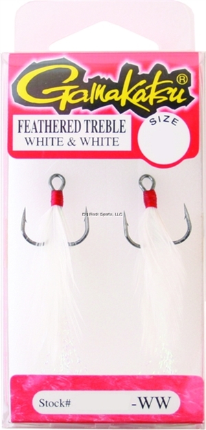 Picture of Gamakatsu Feathered Treble Hook, Size 4, Needle Point, Round Bend, NS Black, White Feather, 2 Per Pack
