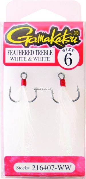 Picture of Gamakatsu Feathered Treble Hook, Size 6, Needle Point, Round Bend, NS Black, White Feather, 2 Per Pack