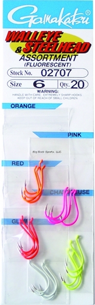 Picture of Gamakatsu Fluorescent Walleye And Steelhead Hook Assortment, Size 6, Forged, Octopus, Red/Pink/Orange/Chartreuse/Glow, 20 Per Pack