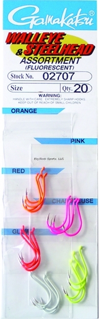 Picture of Gamakatsu Fluorescent Walleye And Steelhead Hook Assortment, Size 8, Forged, Octopus, Red/Pink/Orange/Chartreuse/Glow, 20 Per Pack