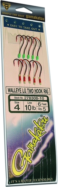 Picture of Gamakatsu Walleye LG Two Hook Rig, Size 4, Needle Point, Wide Gap, Light Wire, Octopus, NS Black, 5 Per Pack