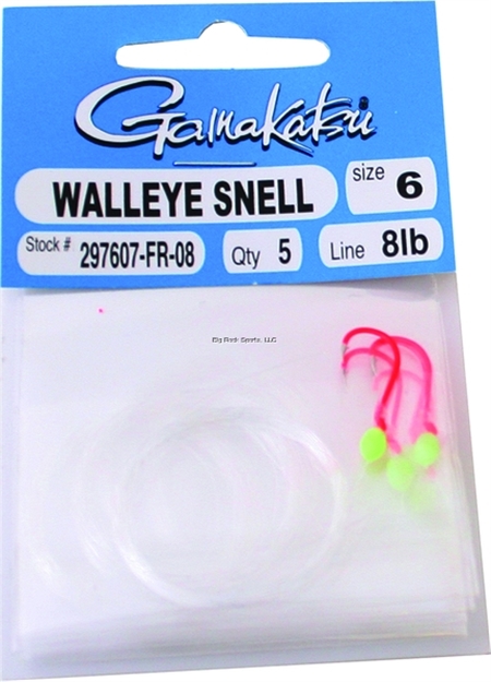 Picture of Gamakatsu Walleye Snelled Hook With Glowbead, Size 6, Needle Point, Octopus, Fluorescent Red, 5 Per Pack