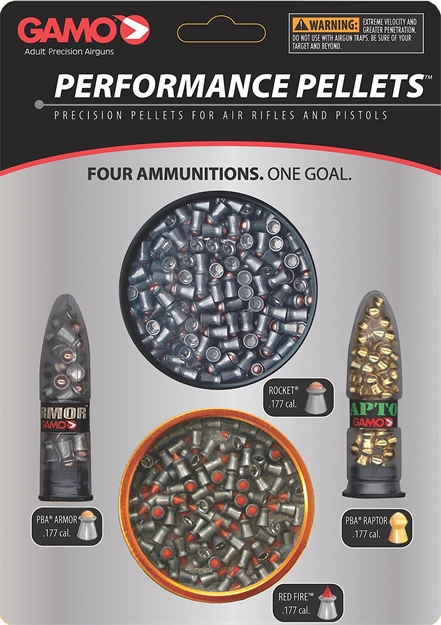 Picture of Gamo Performance Airgun Pellets Combo Pack, 177 Cal, Pack OF 380 Assorted, Pba, Pba Armor, Red Fire, Rocket 632092854