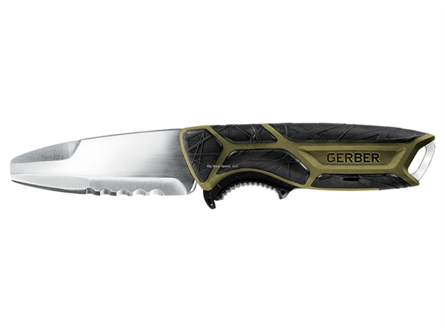 Picture of Gerber Crossriver Knife, 9 CR Stainless Steel, Multi Mount Hard Sheath, Trigger Release, Blunt Tip, Sage, Hanging Box