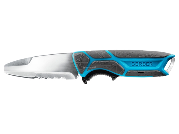 Picture of Gerber Crossriver Knife, Saltrx, 9 CR Stainless Steel, Multi Mount Hard Sheath, Trigger Release, Blunt Tip, Cyan, Hanging Box