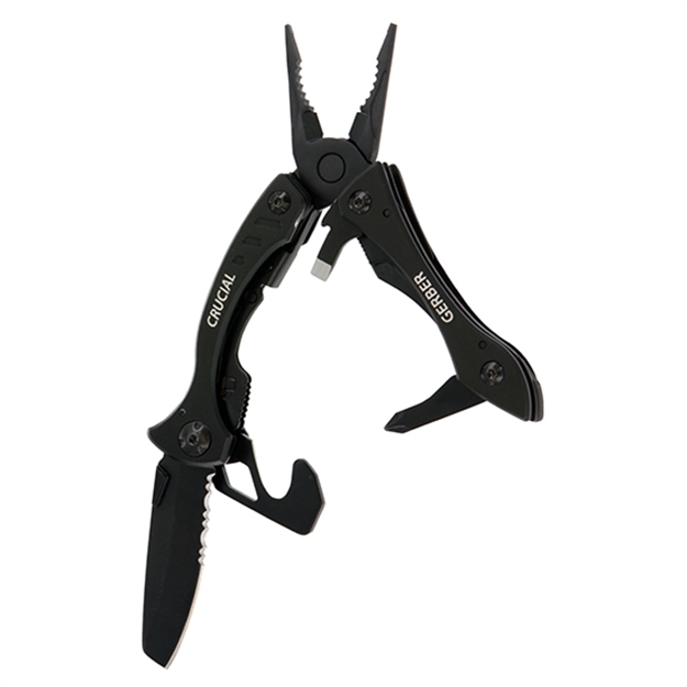 Picture of Gerber Crucial Black Multi-Tool, Stainless, Butterfly Opening, 8 Component, W/Strap Cutter,  Clam
