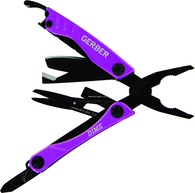 Picture of Gerber Dime Key Chain Butterfly Opening Multi-Tool, 12 Tools, Stainless, Purple, Clam Pack