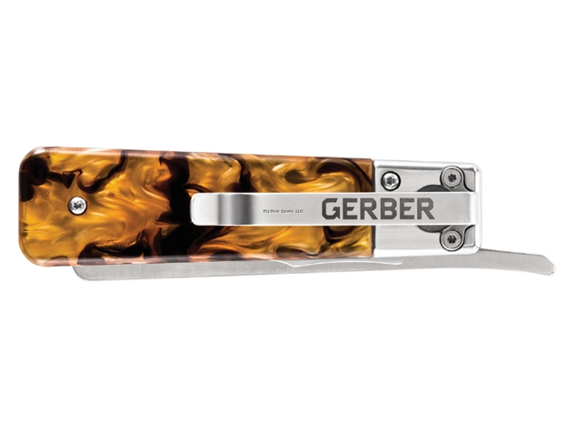 Picture of Gerber Jukebox Folding Knife, Sheepsfoot Blade, Finger Flip Opening, Arylic Scale, Liner Lock, Fine Edge, Tortoise, Clam