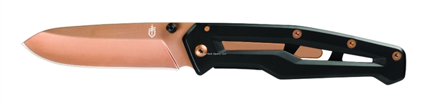 Picture of Gerber Paralite Folding Knife, All Steel Constuction, Black Handle With Rose Blade And Accents, Fine Edge, Clam