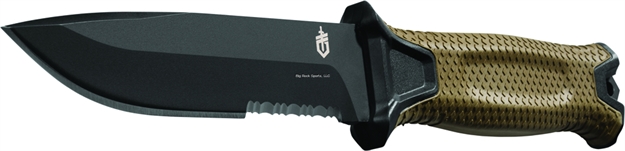 Picture of Gerber Strongarm Fixed Blade, Full Tang 420 HC Blade, Multi Mount Sheath, Coyote Rubberized Handle, Serrated, Box