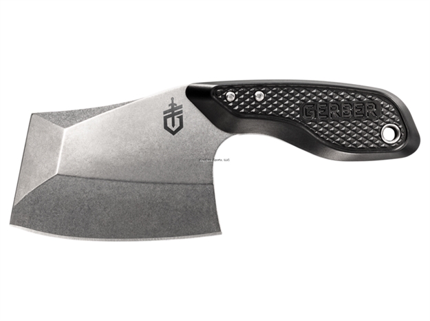 Picture of Gerber Tri-Tip Fixed Blade, Cleaver Style Blade, Stonewash Finish, Machined Aluminum Scales, Black, Clam