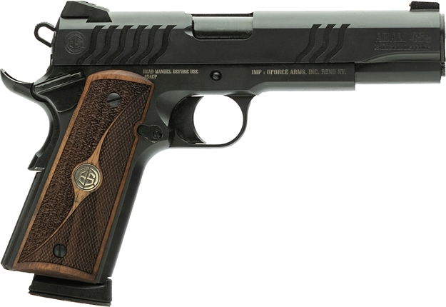 Picture of  Gforce Arms Bs45s Balistik Defense Adam 1911 Full Size Frame 45 Acp 8+1 5" Black Steel Barrel, Black Cerakote Serrated Steel Slide, Black Cerakote Steel Frame W/Beavertail, Walnut Grip