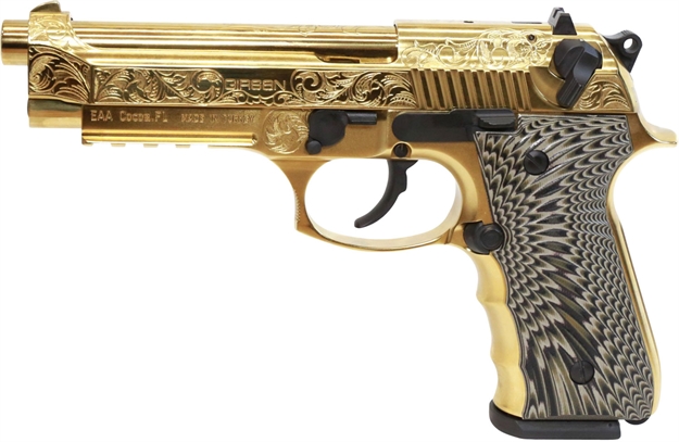 Picture of  Eaa Girsan 390088 Regard MC Deluxe 9Mm Luger 18+1, 4.90" Stainless Steel Barrel, Gold Plated Serrated W/Engraving Steel Slide & Aluminum Frame W/Picatinny Rail, Black G10 Grip, Ambidextrous 741566904110