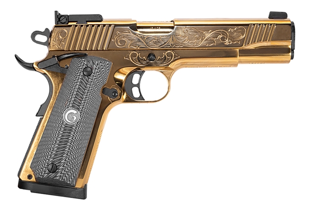 Picture of  Girsan 390093 Mc1911 S Lux 45 Acp 8+1 5" Gold Plated Pvd Steel Barrel, Gold Finish Engraved Serrated W/Engraving Steel Slide, Gold Plated Steel Frame, Black G10 Grip 741566904585