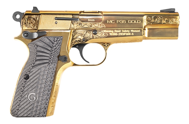 Picture of  Girsan 390488 MC P35  9Mm Luger 15+1 4.87" Gold Plated Pvd Stainless Steel Barrel, Gold Finish Engraved Serrated Stainless Steel Slide, Gold Plated Steel Frame W/Beavertail, G10 Grip 741566905681