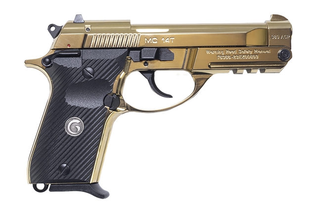 Picture of  Girsan 390870 MC 14T Solution Compact Frame 380 Acp 13+1 4.50" Gold Plated Pvd Steel Tip-Up Barrel, Gold Plated Serrated Steel Slide, Gold Plated Aluminum Frame W/Picatinny Rail, Black Polymer Grip 741566906046
