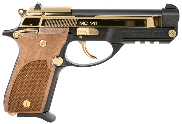 Picture of  Girsan 390876 MC 14T Solution Sports South Exclusive Compact 380 Acp 13+1 4.50" Gold Plated Steel Tip-Up Barrel, Serrated Slide & Aluminum Frame W/Accessory Rail, Walnut Checkered Grip Ambidextrous