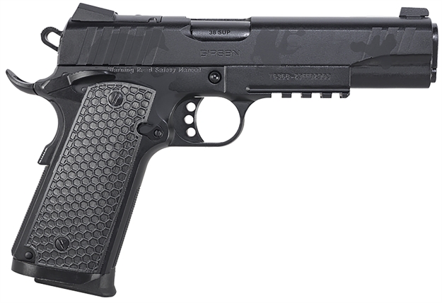 Picture of  Girsan 391159 Mc1911 S Influencer Full Size 38 Super 9+1 5" Black Steel Barrel, Black Camo Optic Ready/Serrated Steel Slide & Frame W/Picatinny Rail & Beavertail, Black Polymer Grip