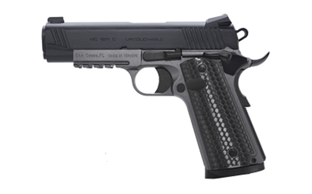 Picture of  Eaa Girsan 392077 Mc1911 C Untouchable Compact Frame 9Mm Luger 9+1 4.40" Black Steel Barrel, Black Serrated Steel Slide, Stainless Steel Frame W/Beavertail & Picatinny Rail, Black Polymer Grip