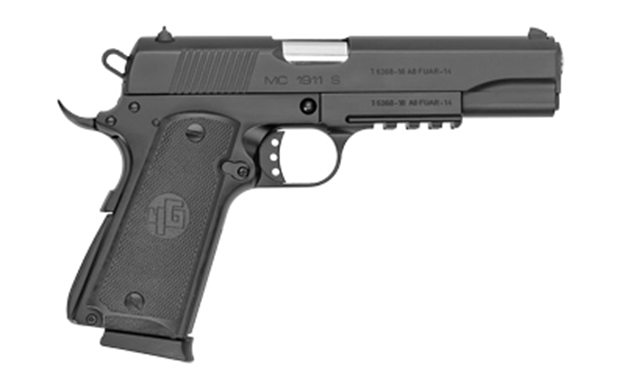 Picture of  Eaa Girsan 390060 Mc1911 S  Full Size Frame 45 Acp 8+1, 5" Blued Steel Barrel, Blued Serrated Steel Slide, Black Steel Frame W/Beavertail & Picatinny Rail, Black Textured Polymer Grip, Ambidextrous 741566903151