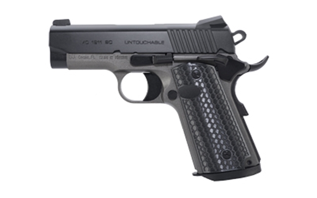 Picture of  Girsan 392067 Mc1911 SC Untouchable Sub-Compact Frame 9Mm Luger 7+1 3.40"  Black Steel Barrel, Black Serrated Steel Slide, Stainless Frame W/Beavertail, Black Polymer Grip