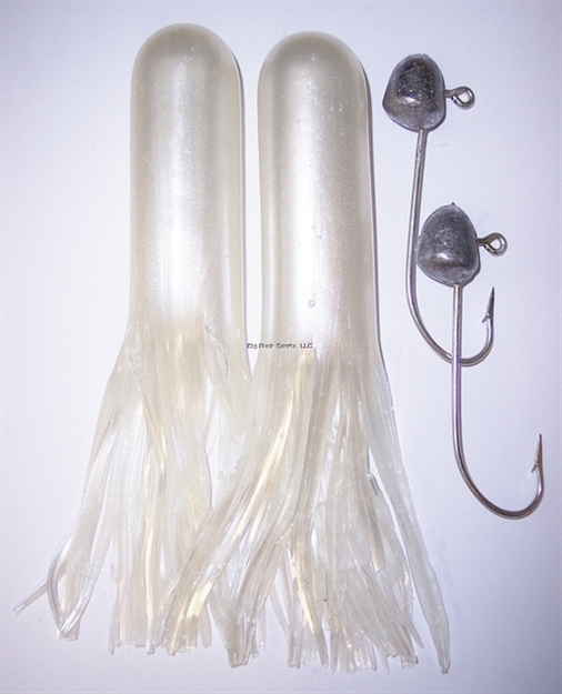 Picture of Gitzit 2 Pack, 6" Pearl White Super Tube Baits With 2 - 1 OZ Jigs, Cast ON 7/O O'shaughnessy Seaguard Hooks.