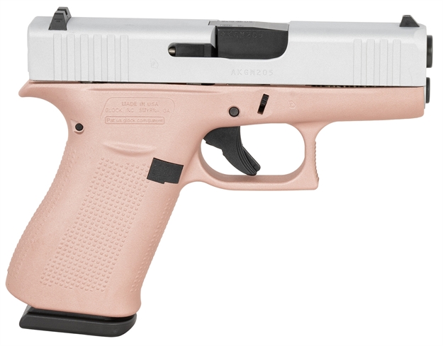 Picture of  Glock Ux4350204rgfcss G43  Sub-Compact Frame 9Mm Luger 10+1 3.41" Black Gmb Barrel, Crushed Silver Serrated Steel Slide, Rose Gold Polymer Frame W/Beavertail, Textured Polymer Grip, Ambidextrous
